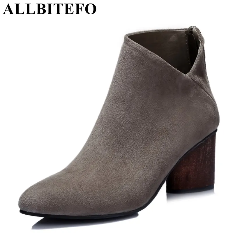 

ALLBITEFO natural genuine leather sheepskin medium heel ladies boots brand thick heel high quality women boots ankle boots woman
