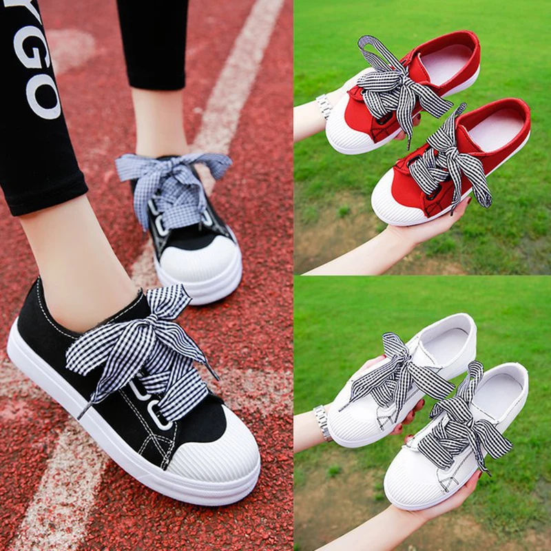 

Women Vulcanized Shoes Fashion White Shoe Canvas Sneakers Lace Up Flats Heel