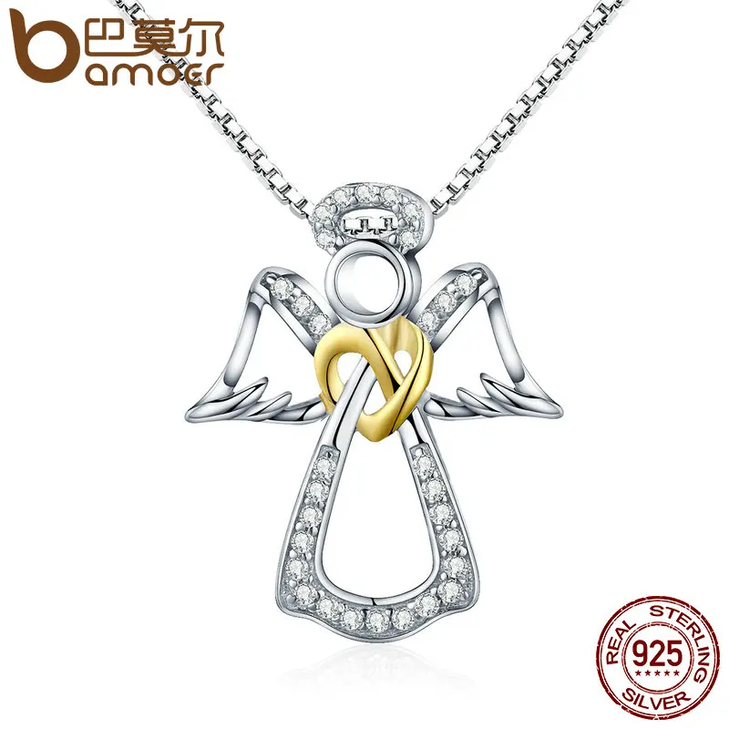 BAMOER Authentic 925 Sterling Silver Guardian Angel Heart Pendant Necklaces Dazzling CZ Luxury Sterling Silver Jewelry