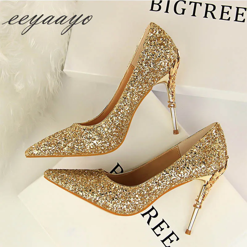 2019 New Spring Women Pumps High Thin Heels Pointed Toe Metal Decoration Sexy Bling Bridal Wedding Women Shoes Gold High Heels