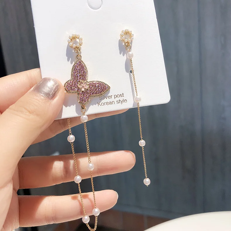 

Women Elegant Pink Rhinestone Butterfly Simulated Pearl Tassel Long Earrings For Women Summer Fashion Drop Pendientes Mujer