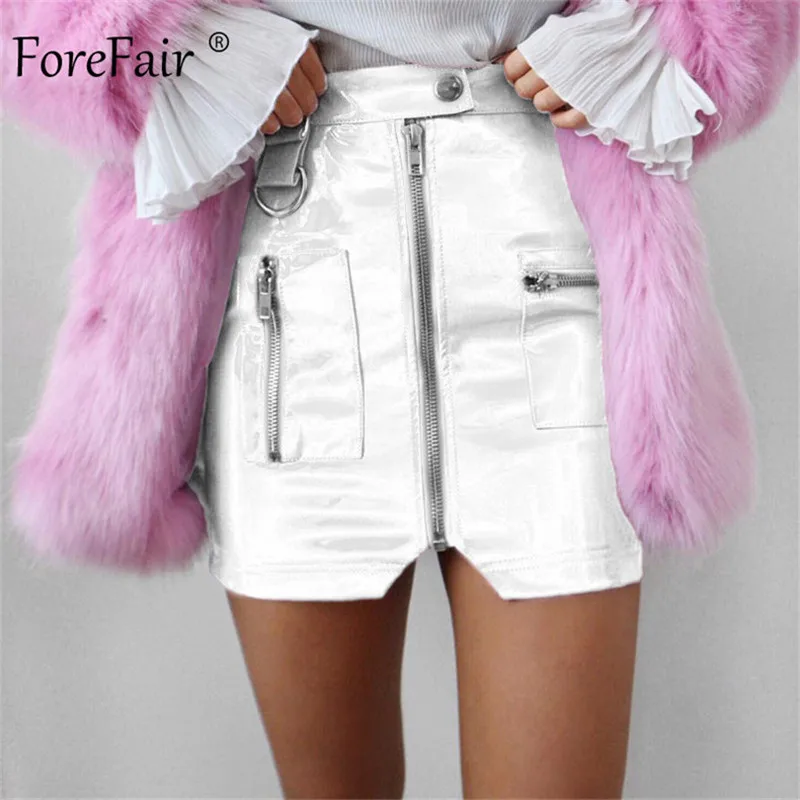 Forefair Zip Mini Leather Skirt Women Autumn Winter Fashion Club White Black Pockets Glossy Skinny High Waist Sexy Skirt