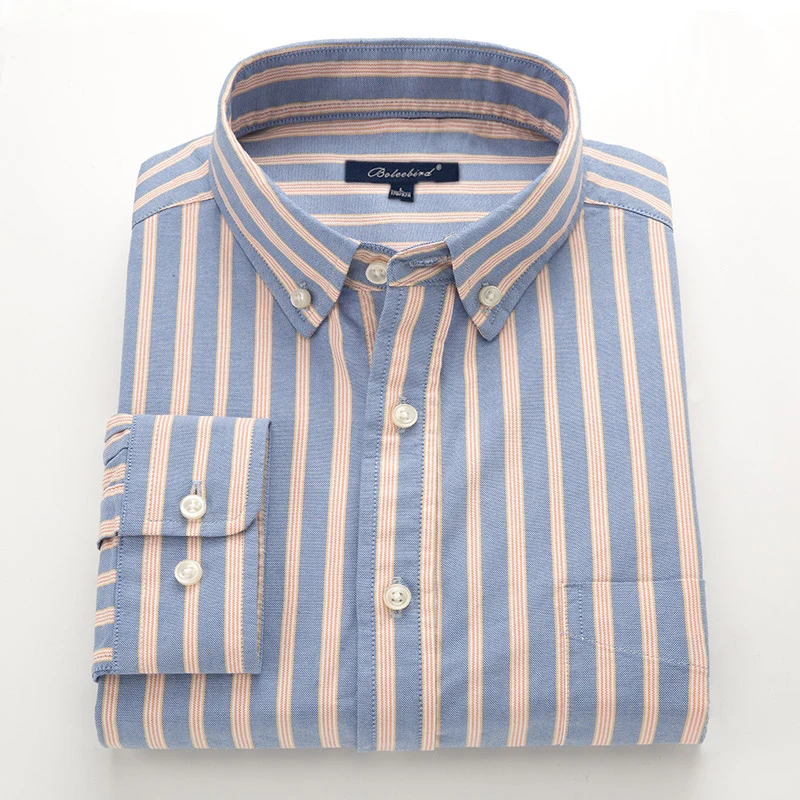Vente Homme Rayé 100% Coton Oxford Boutonnée À Manches Longues Robe Chemise avec Poche Poitrine Coupe Ajustée Facile D entretien Intelligent chemises décontractées