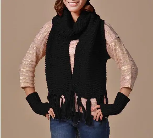 3 шт./компл. шапка, шарф, перчатки набор Для женщин зима длинный вязаный шарф утолщаются теплый шерсть cap перчатки женский досуг шарф