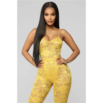 

2109 Fashion Women Lady Black Playsuit Bodycon Sleeveless Lace Top Boot Cut Solid Color Yellow Jumpsuit Romper Trousers New Item