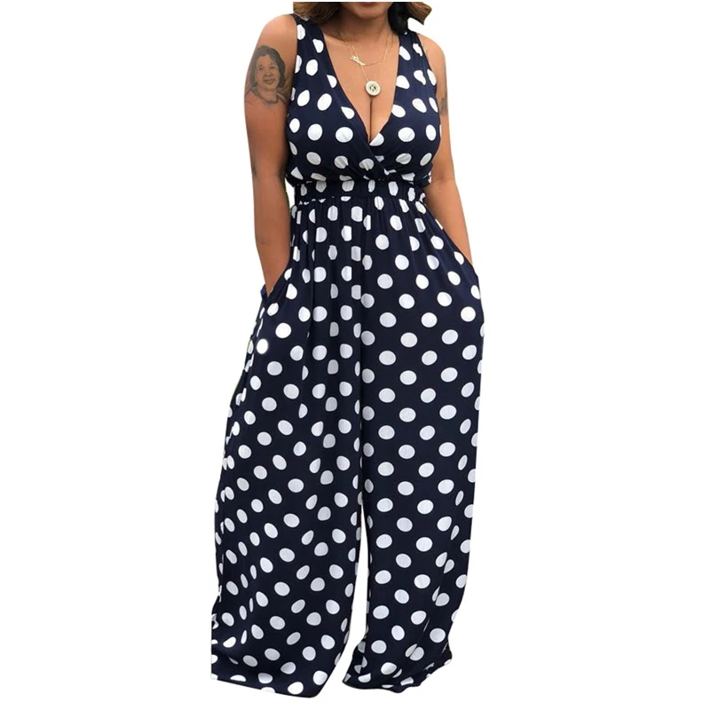

Polka Dot Printed Sexy V-Neck Spaghetti Strap Womens Jumpsuit Rompers Sleeveless Backless Casual Wide Legs Jumpsuits Overalls