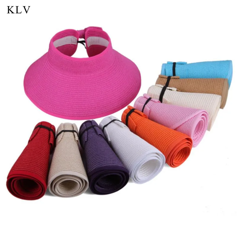 

Women Summer Foldable Open Top Straw Sun Hat Bowknot Back Adjustable Breathable UV-Protection Wide Brim Beach Visor Cap 8 Colors