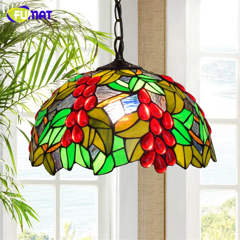 FUMAT Creative Red Grape Art Pendant Lights Art Stained Glass Lighting