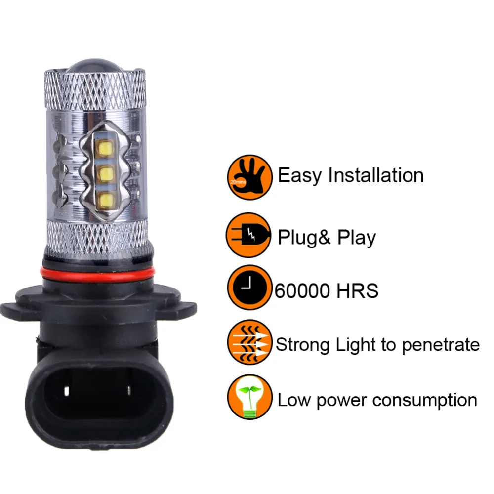 

2X HB3 9005 80W LED Car Auto Fog Light Projector Lens High Power 6000K DRL Daytime Running Lamp Bulb Pure White 12V Plug Play