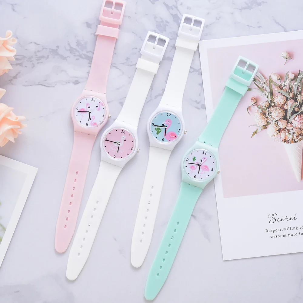 Flamingo Cartoon Watches Kid Girls Leather Strap Wristwatch kids fashion Quartz Cute Clock Fashion Lady Watches