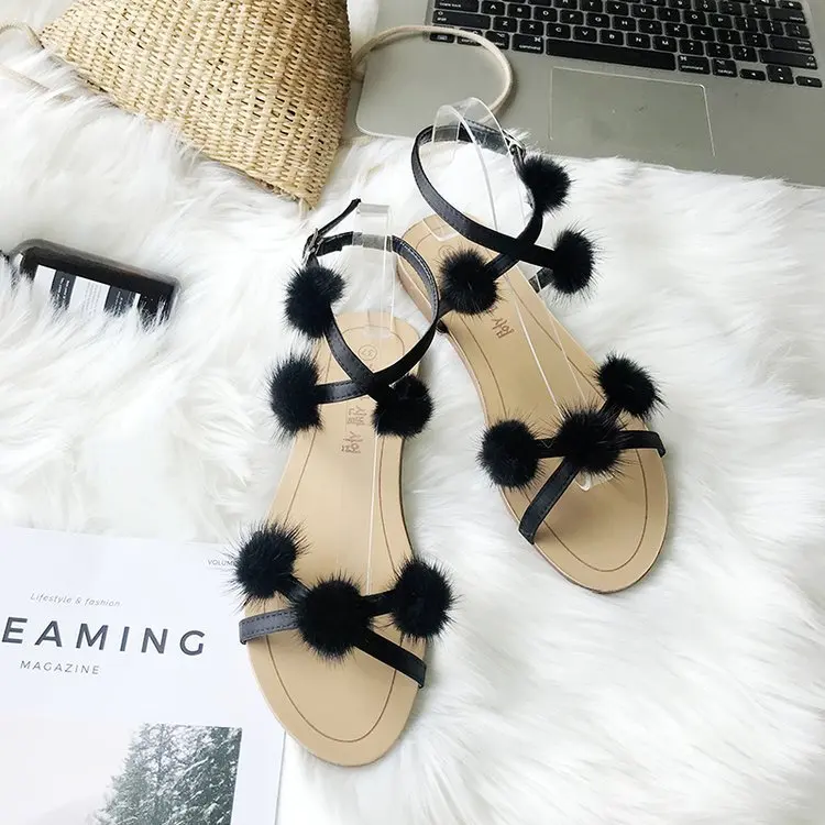 

2019 ladies sandals summer new plush ball straps cross buckle fashion wear open toe casual flat sandals