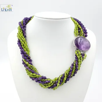 

Natural Amethyst and Peridot 8 Strands with 925 Sterling Silver setting Ametrine Clasp Fashion Women Jewelry Big Necklace