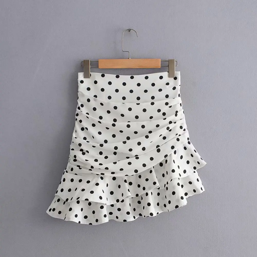 

Women fashion polka dot print pleated asymmetrical skirt faldas mujer ladies back zipper vestidos chic ruffles skirts QUN379