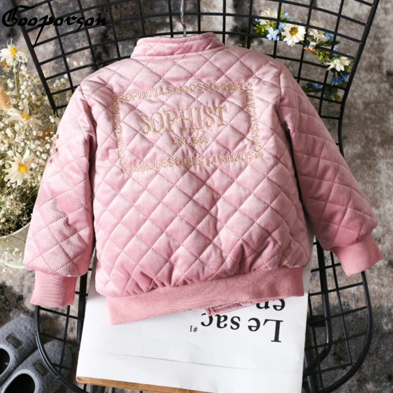 

Fashion Girl Jacket Long Sleeve Pink Embroidery Letter Baseball Jackets Winter Outerwear Coat High Quality Children Coats