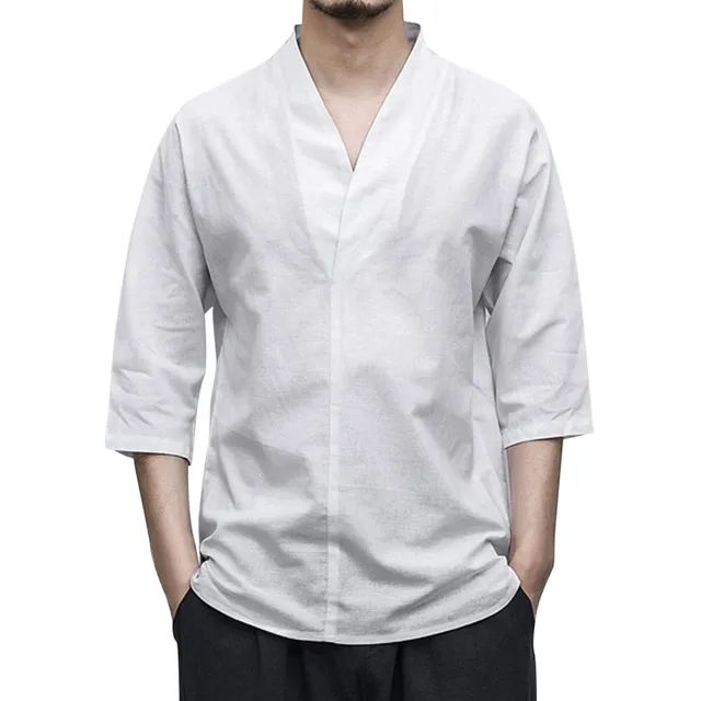 Casual Shirts For Men Solid White Blouses Tops Loose V Neck Three