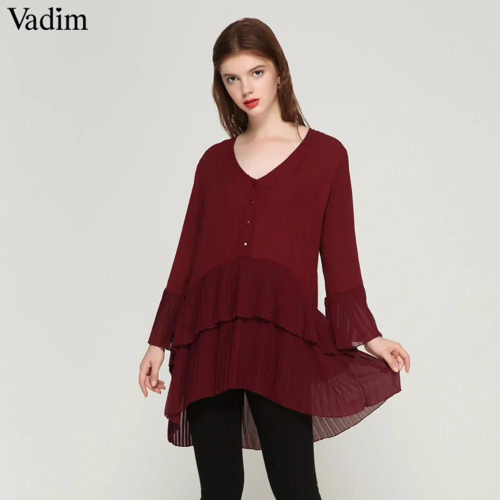 Vadim элегантная плиссированная длинная шифоновая блузка с v-образным вырезом, длинные стильные милые рубашки с длинным рукавом, женские повседневные шикарные топы, blusas LA178