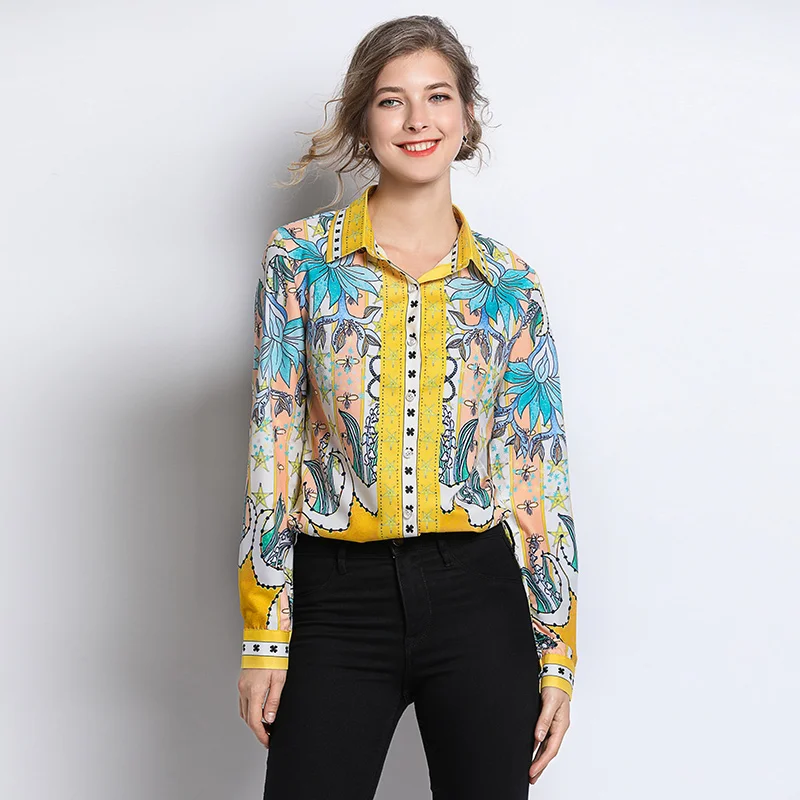 

New Spring Autumn women turn-down collar casual flowers yellow color pattern print shirts long sleeve office lady work shirts