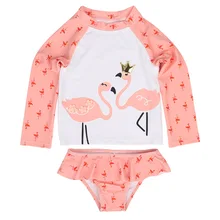 Gilrs Swimsuit Pink Flamingo Printed Two Piece Set Rash Guards Swimwear Long Sleeve Shorts Dive Skin Sun Protection 1-7Y Kids