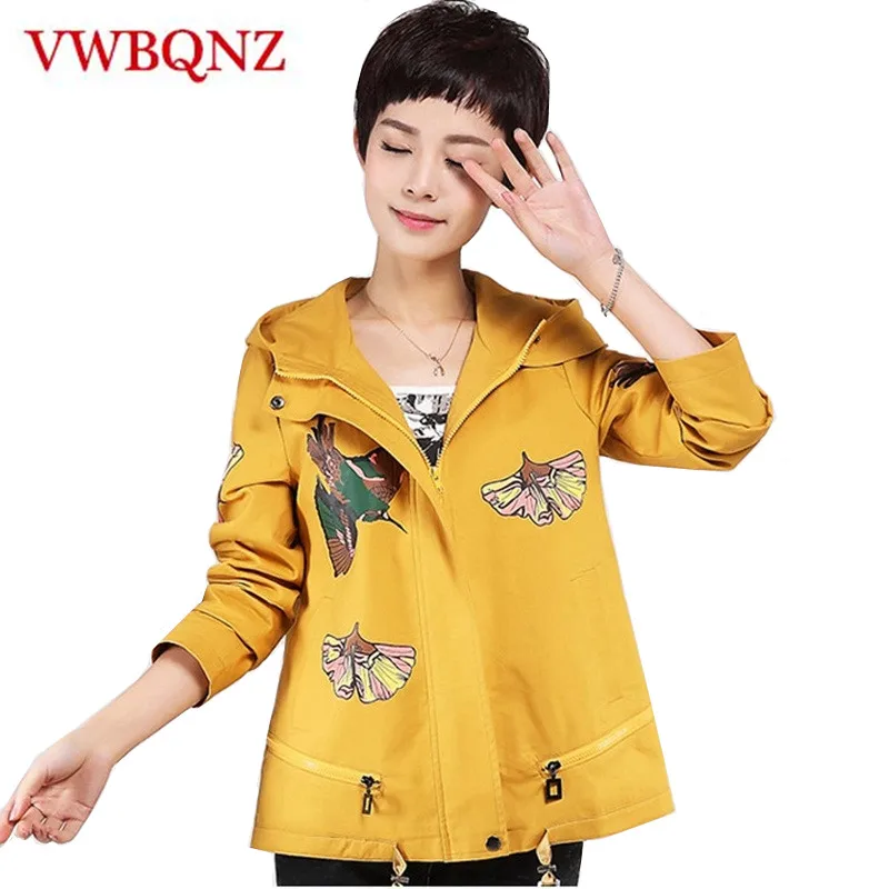 2018 New Women Hooded Windbreaker Coat Spring Autumn Print