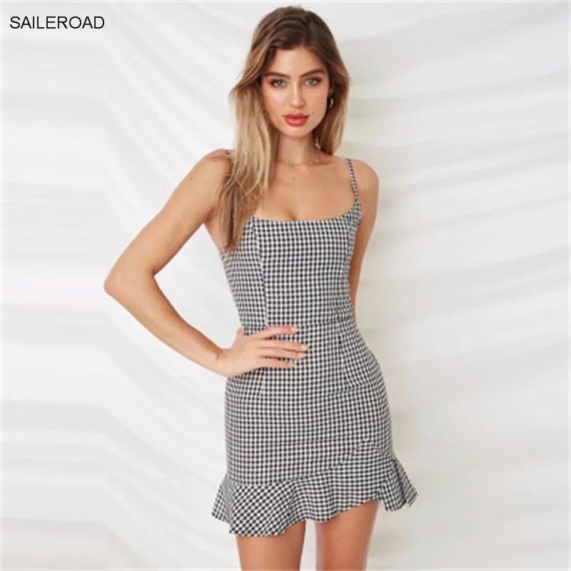 

New Summer Dress Women Casual Bodycon Dress Black White Plaid Sexy Mini Dresses Ruffles Sundress Slim Vestido Office Dress