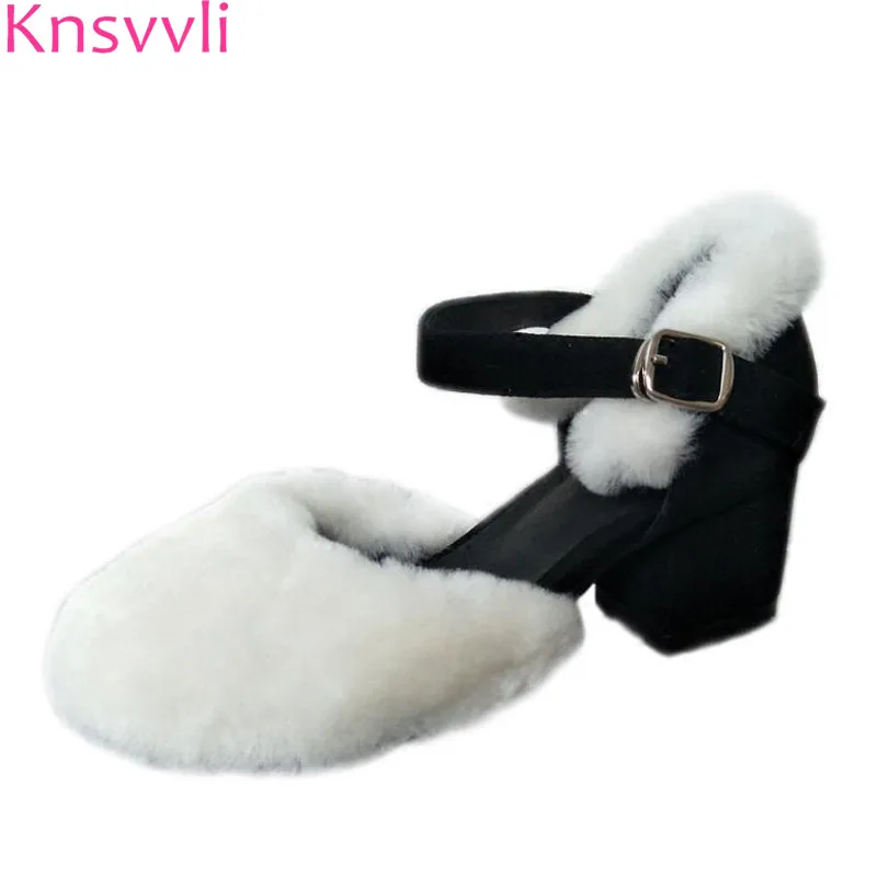 

Autumm winter new furs women chunky high heels shoes fashion one word buckle round toe woolen shoes candy color women pumps