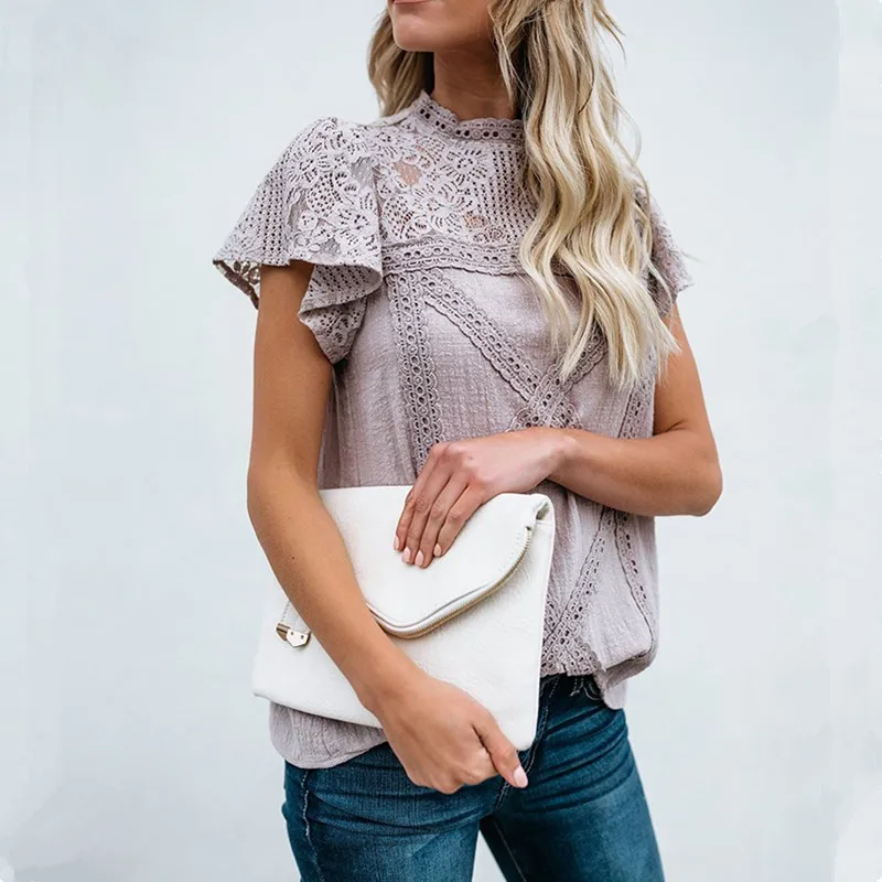 

Wuhaobo Cotton Lace Shirts Women 2019 Fashion O neck Short Sleeve Casual Summer Blouses and Tops Sexy Hollow out Tops Blusas