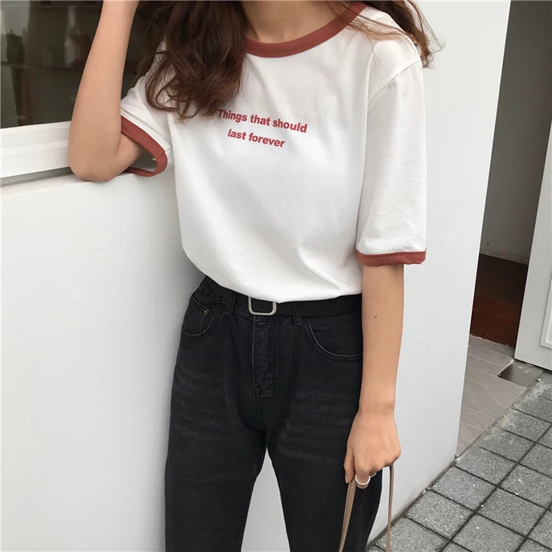 Летняя Корейская футболка с буквенным принтом Ulzzang Женская Повседневная