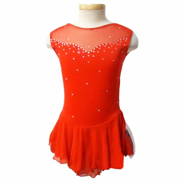 Cheap Customized Costume Ice Figure Skating Gymnastics Dress Competition Adult Child Girl Skirt Performance Orange Red Sleeveless