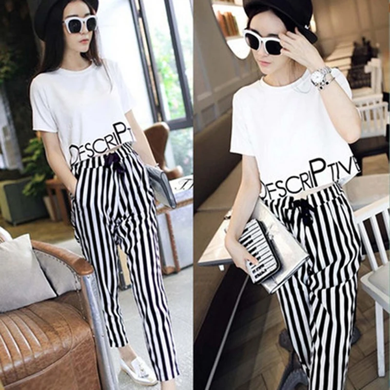 

Bigsweety Summer 2 Piece Set White Printing Tops+stripe Pants Suits Clothes For Women Causal Round Neck Shirt & Slim Trouser