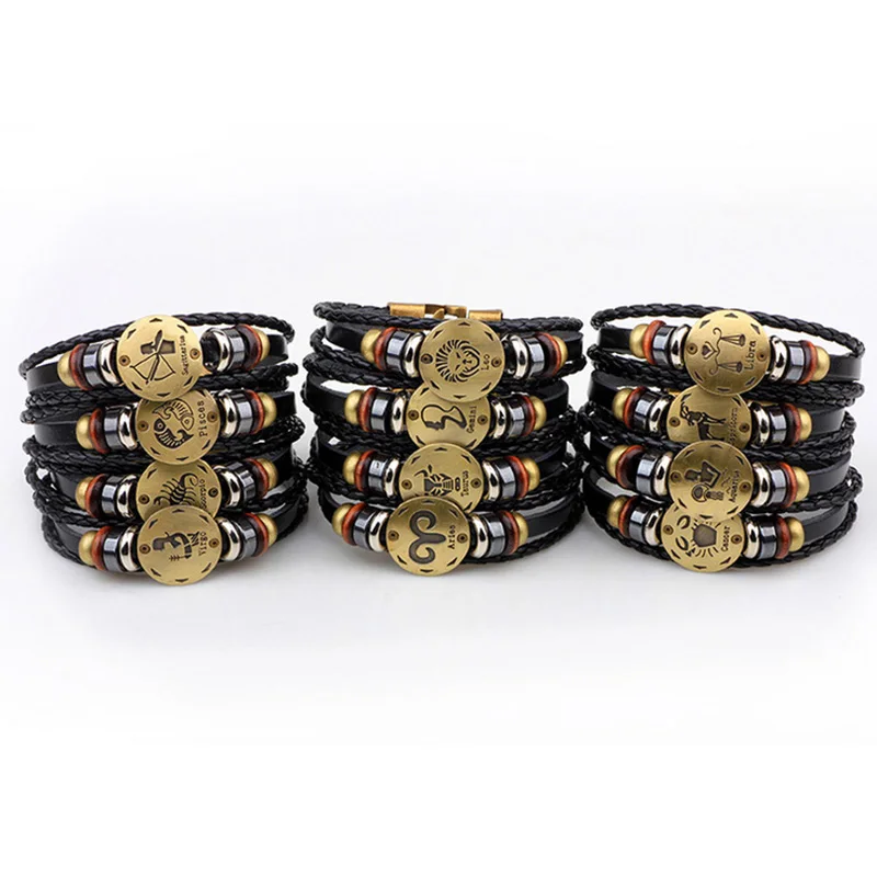 Женский кожаный браслет регулируемый с 12 зодиакальными знаками|bracelets for|leather bracelets