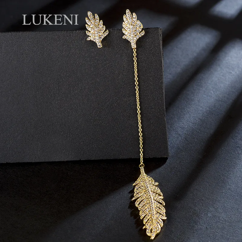 

LUKENI Luxury Gold Color AAA Cubic Zircon Personality Long Feather Asymmetrical Earrings For Women Prom Party Jewelry