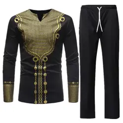 Мужские комплекты традиционная африканская одежда хлопок черный Дашики Базен Riche Печать Топ рубашка брюки дизайнерские мужские костюмы