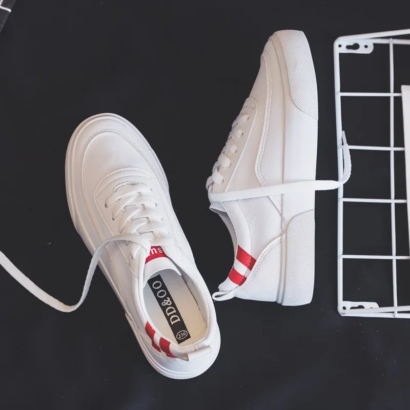 

Woman Shoes 2019 Spring New Fashion Casual Striped Solid Color PU Leather Shoes Woman Casual White Shoes Sneakers Woman
