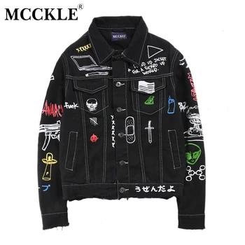 

Denim Tassel High Street Hip-Hop Men's Coat Autumn Vintage Cartoon Jacket For Men 2019 Student Streetwear Jackets Man Blue Black