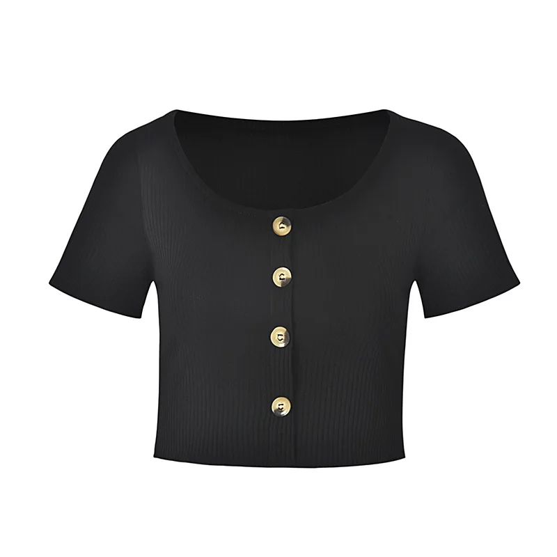 

Leisure new T-shirt wish Express T-neck button navel short sleeve