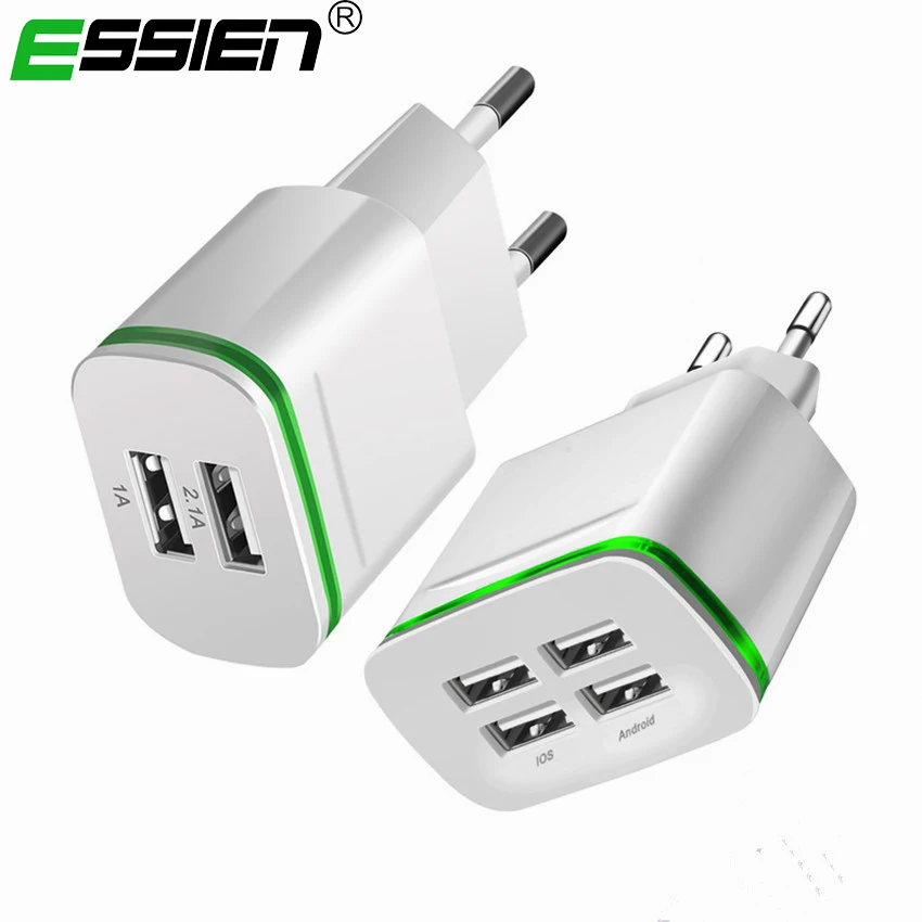 

Essien 2 Ports USB Charger LED Light 5V 2.1A 4 USB Wall Adapter Mobile Phone Micro Data Charging For Xiaomi Samsung EU Chargers
