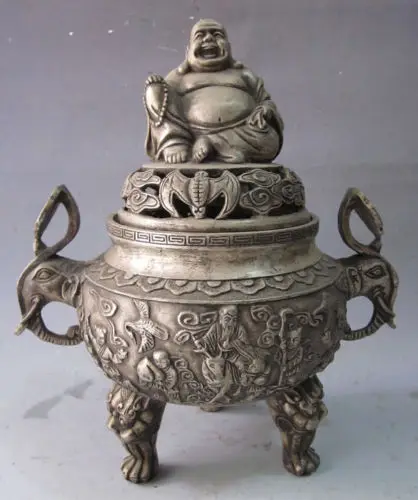 

2014 New Arrival Hot Sale Antique Imitation China Sculpture Collection Old Chinese Silver Happy Buddha Incense Burner Censer