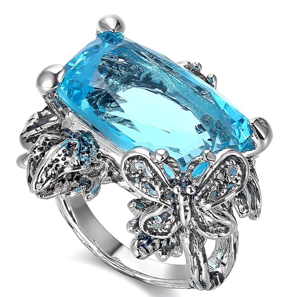 

High Quality Big Blue Stone Ring Lead Free Setting with AAA Cubic Zirconia Antique Silver Color Party rings Free shipping