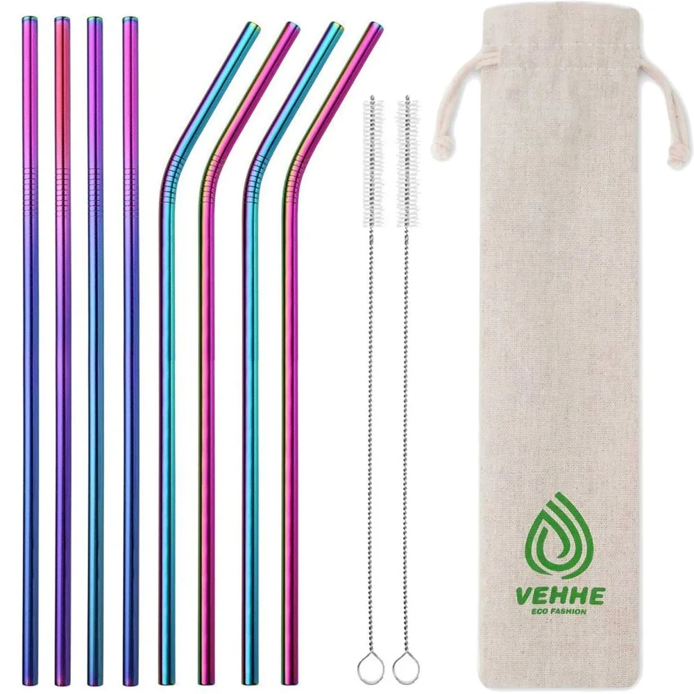 EHEH 4Pcs/8Pcs Drinking Straw 304 Stainless Steel 10.5 inches Sliver Rainbow Sturdy Reusable straws clean brush Mugs Juices Beer