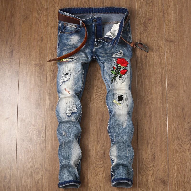 

Autumn embroidery flower hole jeans men's elastic personality alternative trend trousers