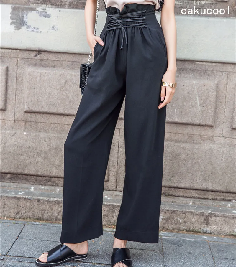 Cakucool женские повседневные брюки с высокой талией тонкие женские широкие брюки винтажные черные на шнуровке крест-накрест Галстуки Большие