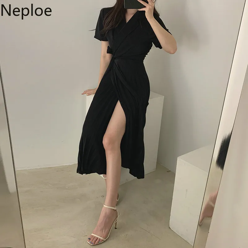 Neploe Элегантное летнее платье с зубчатым воротником корейское Бандажное