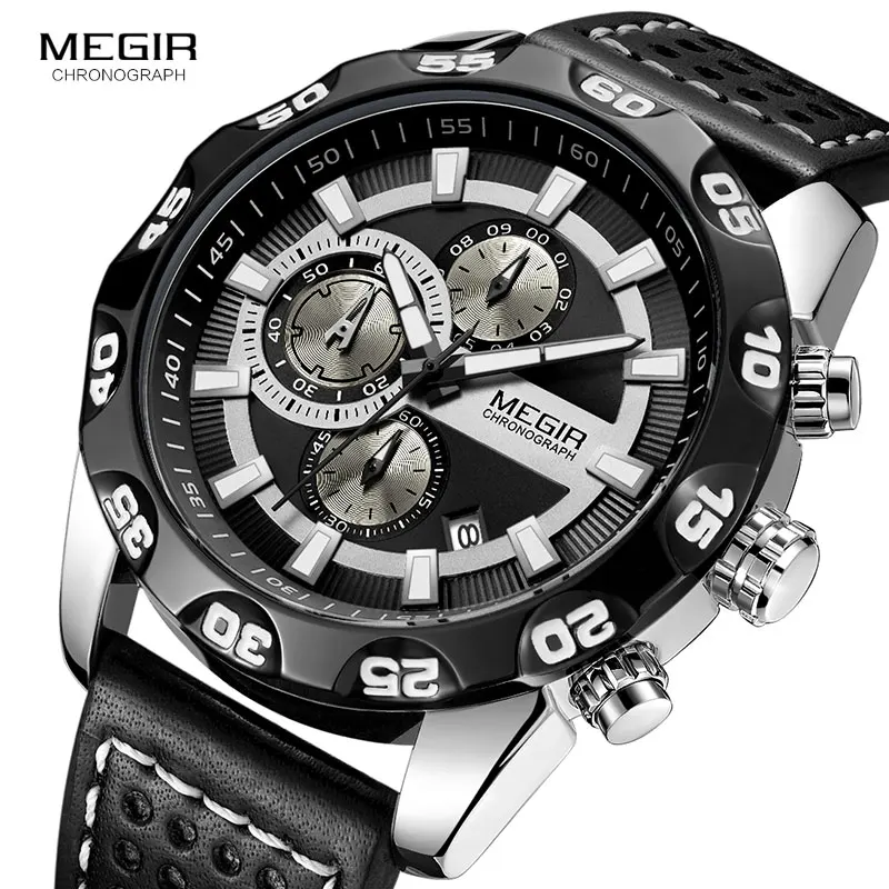 

Megir Leather Strap Sports Watches Men Chronograph Quartz Waterproof 3 Bar Military Wrist Watch Man Relogios Clock 2096G Black