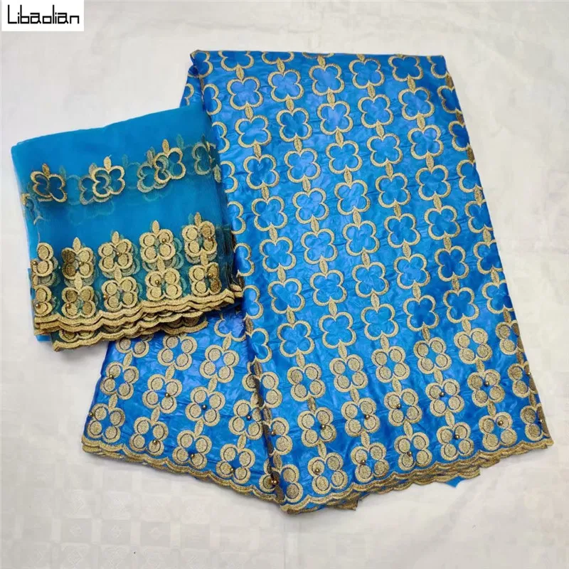 

High Quality 5+2Yards Bazin Riche Getzner Cotton Material Skuy blye&gold embroidery lace Fabric+Mesh Tulle Lace With Beads E97-5