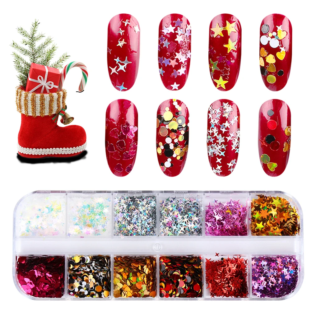 

1 Set Sequins Nail Art Glitter Flake AB Mix Star Heart Round UV Gel Polish Winter Paillette Decor Manicure Tip