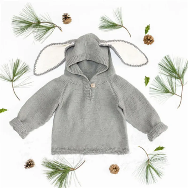 CANIS/Зимний вязаный свитер с кроликом для новорожденных мальчиков и девочек, вязаная одежда с капюшоном и длинными рукавами, свитер для мальчиков и девочек - Цвет: Серый