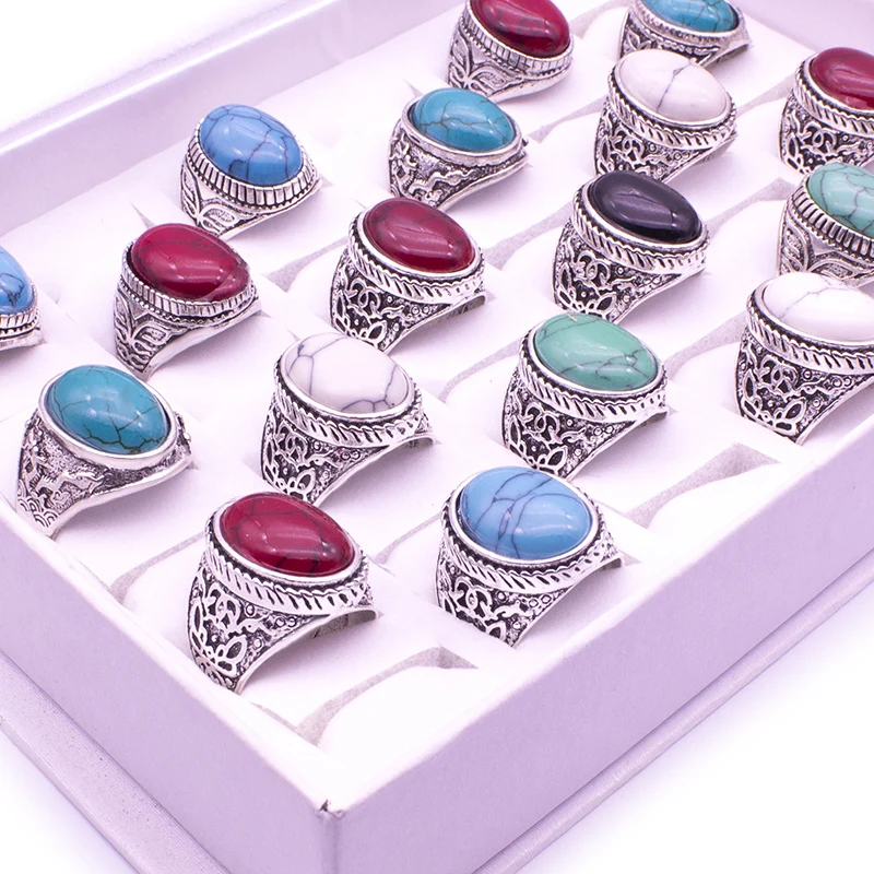 20 шт цветные дизайнерские кольца из смешанных камней для женщин,, винтажное серебряное модное ювелирное изделие