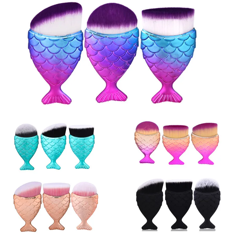 

3Pcs/set Mermaid-tail Brush Set Round Oblique Flat Make Up Brushes Loose Powder Foundation Brush Face Makeup Women Beauty Tools