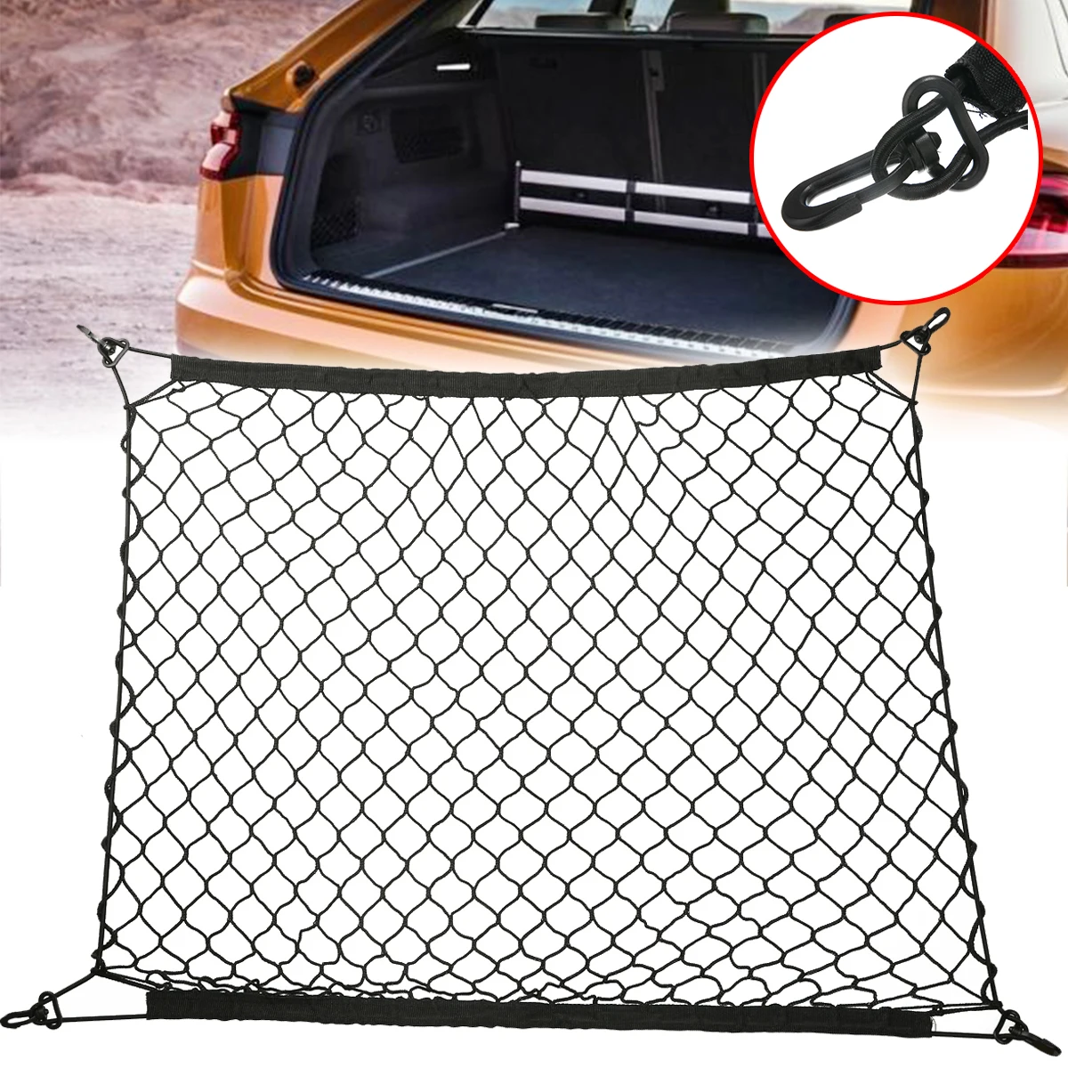 

70 x 70cm Universal Car Trunk Luggage Storage Cargo Organizer Nylon Elastic Mesh Net Can Stretches to 100cm with 4 Plastic Hooks