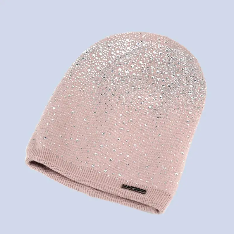 Зимняя женская блестящая шапка с бриллиантом, Вязаная Шерстяная Круглая Шапочка, Женская Повседневная маска, Лыжные шапки, толстые теплые шапки для шляп со стразами - Цвет: Pink